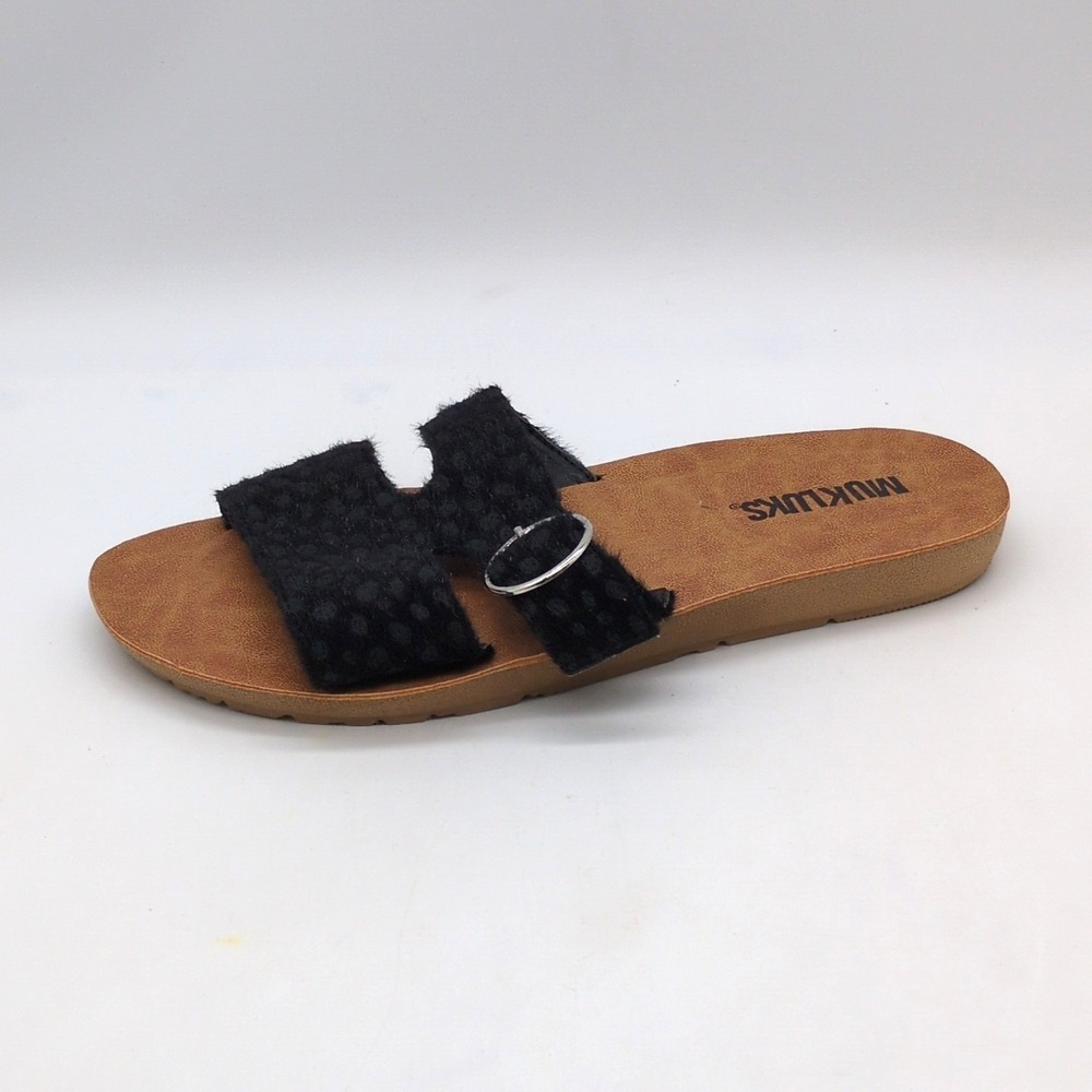 Muk Luks Shoes Womens Black 7 Slide Sandals Textured Buckle Strap Flats NEW